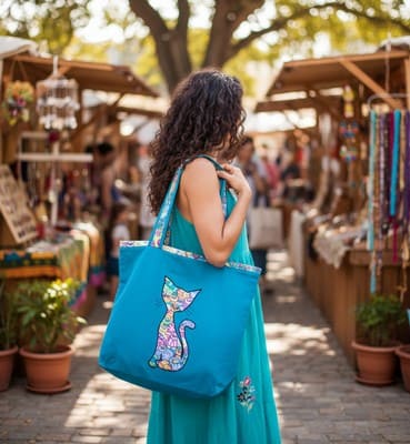 Sac chat brodé Bohème Turquoise