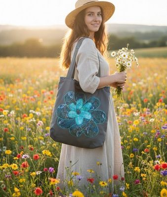 Sac brodé fleur "Bleu Infini"
