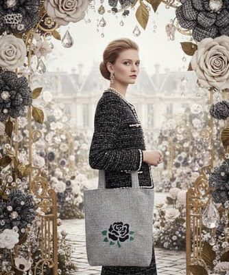 Sac brodé "Rose de Jais" et sa trousse