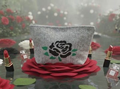 trousse brodée "Rose de Jais"