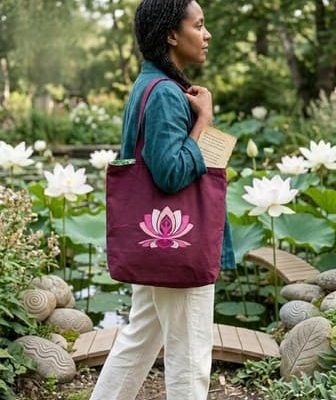 Sac brodé fleur "Nymphaea Pourpre" et sa trousse